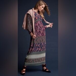 EUC Cabi Flower Festive Maxi Dress #3675 Maroon Blue Retro Patchwork Floral Sz M